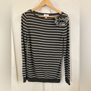 Loft merino wool blend striped sweater flower accent Medium
